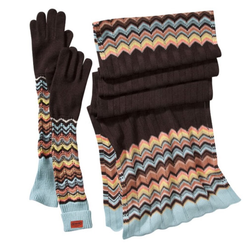 Missoni for Target Long Gloves and Scarf Set in Brown Pink Blue Chevron Stripes